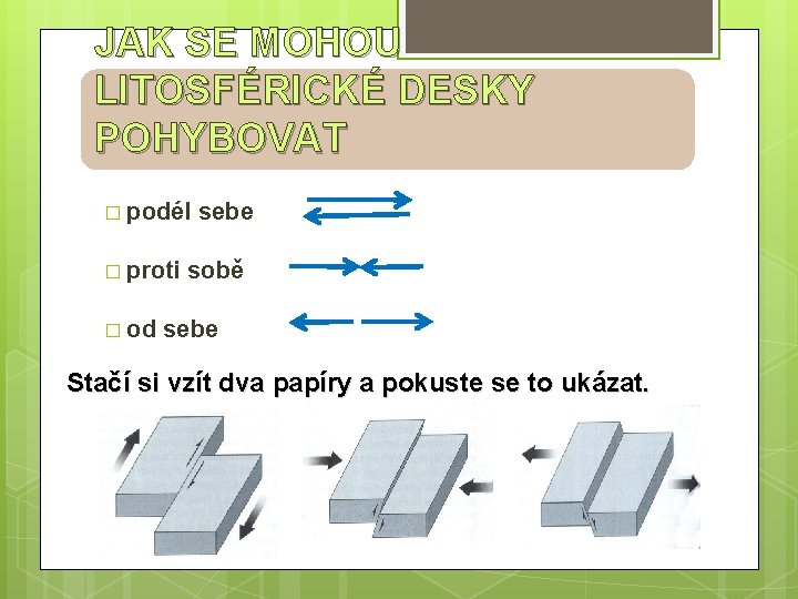 JAK SE MOHOU LITOSFÉRICKÉ DESKY POHYBOVAT � podél sebe � proti sobě � od