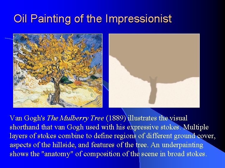 Oil Painting of the Impressionist Van Gogh's The Mulberry Tree (1889) illustrates the visual