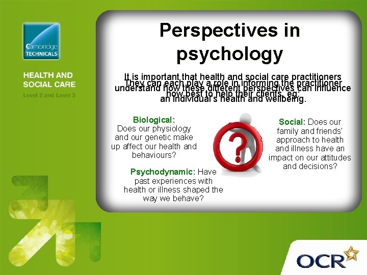 Perspectives in psychology It is important that health and social care practitioners They can