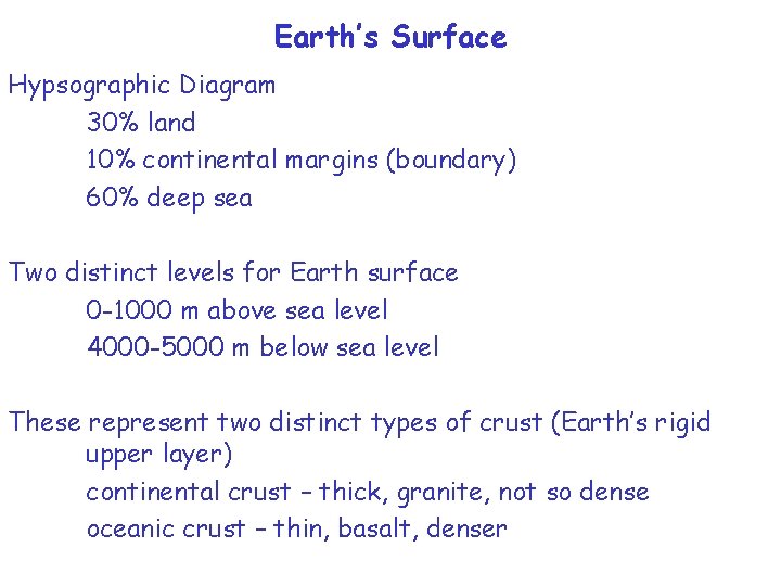 Earth’s Surface Hypsographic Diagram 30% land 10% continental margins (boundary) 60% deep sea Two