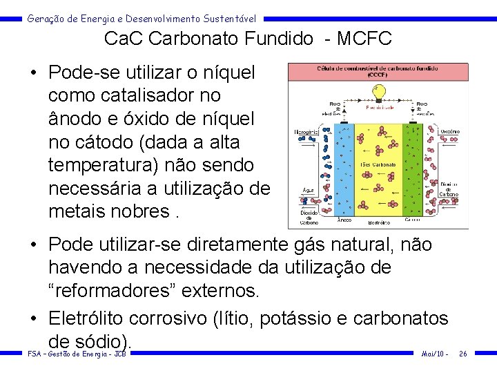 Geração de Energia e Desenvolvimento Sustentável Ca. C Carbonato Fundido - MCFC • Pode-se