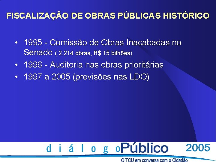 FISCALIZAÇÃO DE OBRAS PÚBLICAS HISTÓRICO • 1995 - Comissão de Obras Inacabadas no Senado