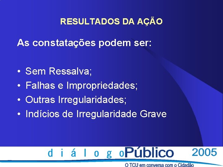 RESULTADOS DA AÇÃO As constatações podem ser: • • Sem Ressalva; Falhas e Impropriedades;