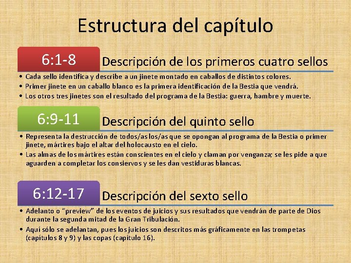 Estructura del capítulo 6: 1 -8 Descripción de los primeros cuatro sellos • Cada