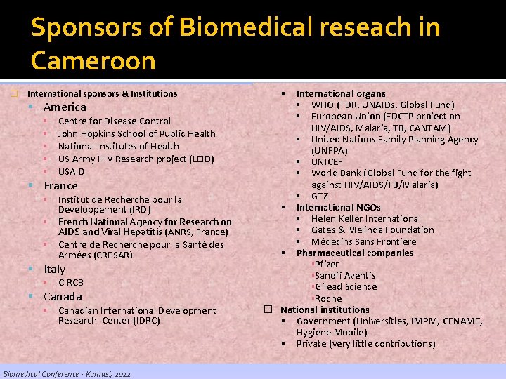 Sponsors of Biomedical reseach in Cameroon � International sponsors & Institutions America Centre for Sponsors of Biomedical reseach in Cameroon � International sponsors & Institutions America Centre for