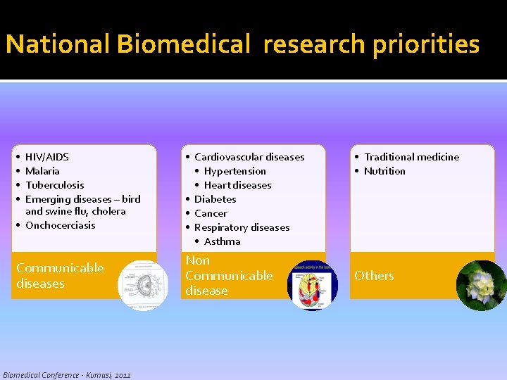 National Biomedical research priorities • • HIV/AIDS Malaria Tuberculosis Emerging diseases – bird and National Biomedical research priorities • • HIV/AIDS Malaria Tuberculosis Emerging diseases – bird and