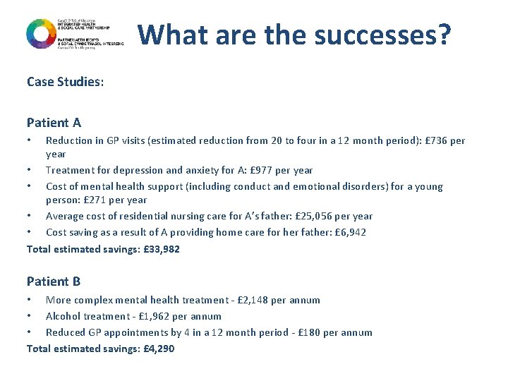 What are the successes? Case Studies: Patient A Reduction in GP visits (estimated reduction