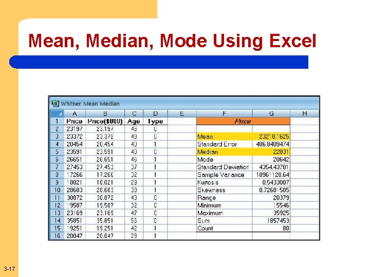 Mean, Median, Mode Using Excel 3 -17 