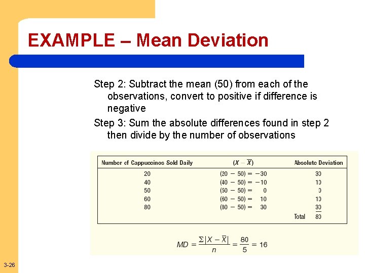 EXAMPLE – Mean Deviation Step 2: Subtract the mean (50) from each of the