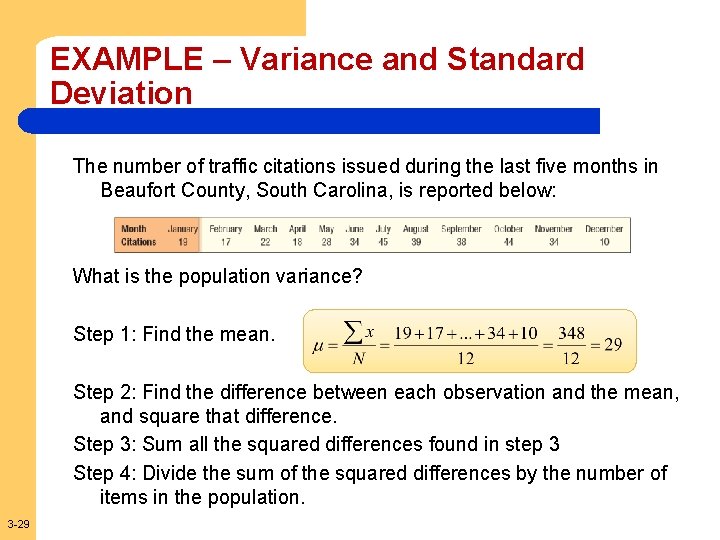 EXAMPLE – Variance and Standard Deviation The number of traffic citations issued during the