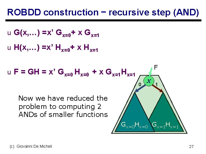 ROBDD construction – recursive step (AND) u G(x, …) =x’ Gx=0+ x Gx=1 u