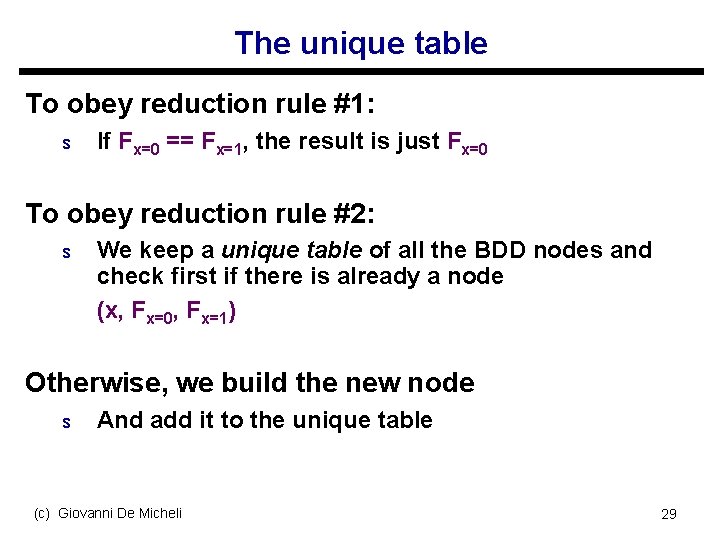 The unique table To obey reduction rule #1: s If Fx=0 == Fx=1, the