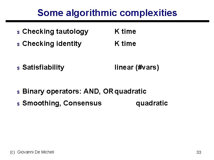 Some algorithmic complexities s Checking tautology K time s Checking identity K time s