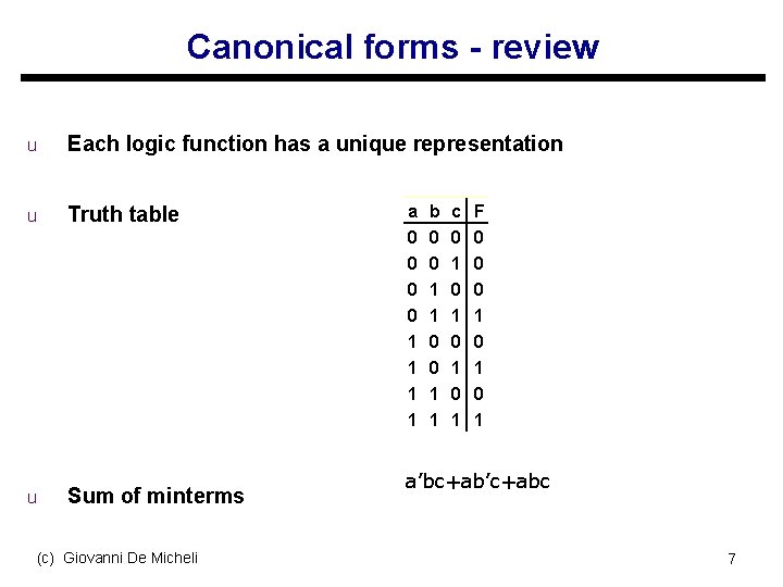 Canonical forms - review u Each logic function has a unique representation u Truth