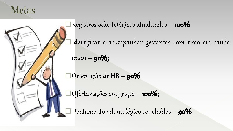 Metas � Registros odontológicos atualizados – 100% � Identificar e acompanhar gestantes com risco