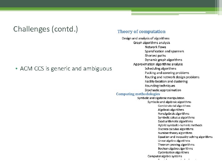 Challenges (contd. ) • ACM CCS is generic and ambiguous 