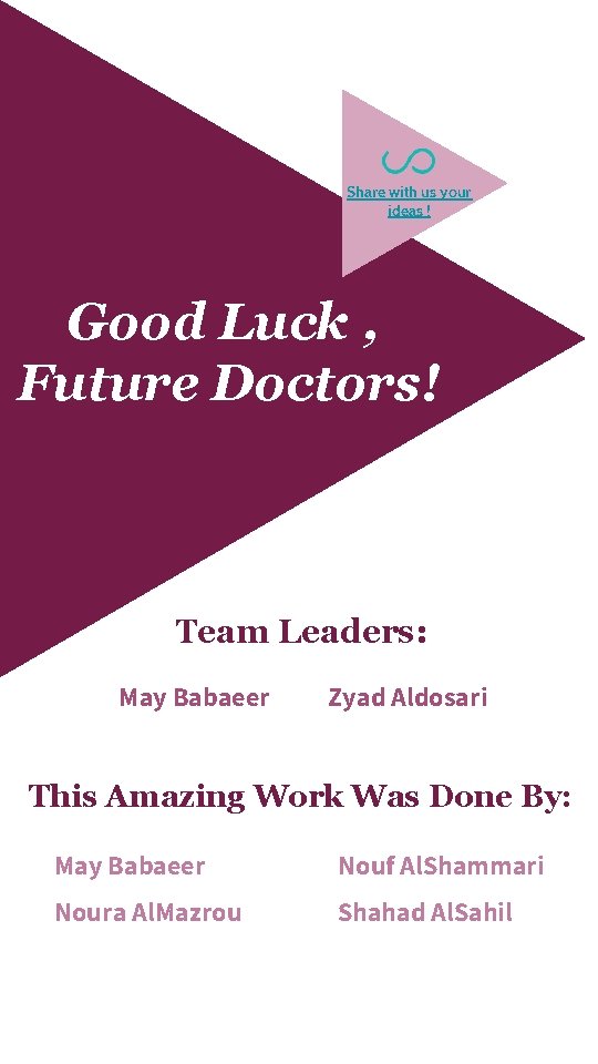 Share with us your ideas ! Good Luck , Future Doctors! Team Leaders: May