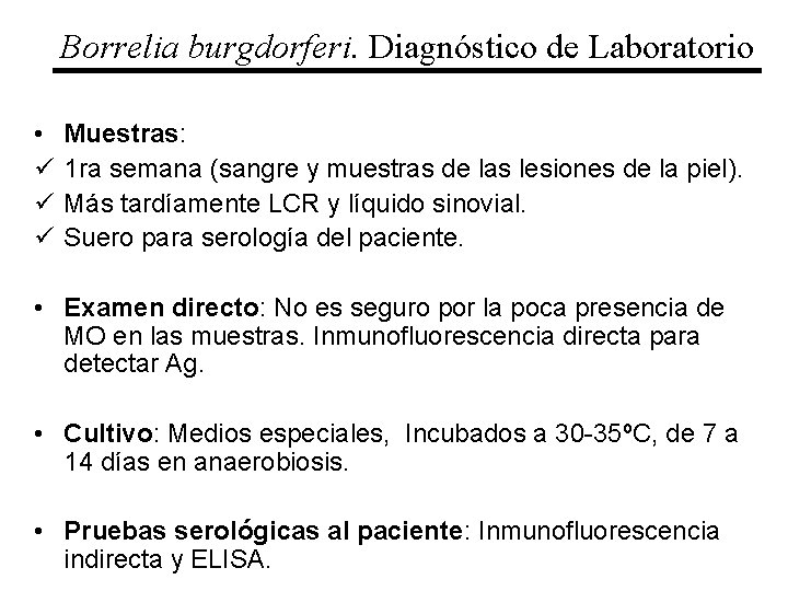 Borrelia burgdorferi. Diagnóstico de Laboratorio • ü ü ü Muestras: 1 ra semana (sangre