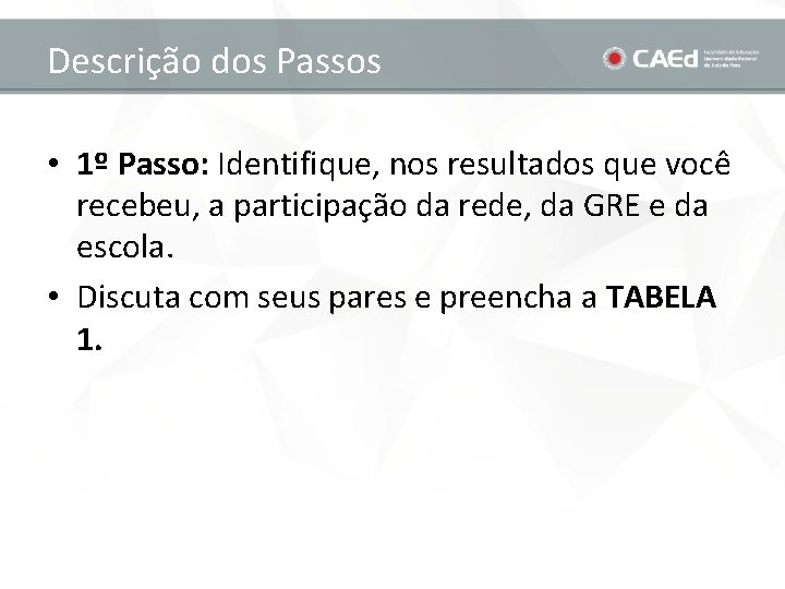 Descrição dos Passos • 1º Passo: Identifique, nos resultados que você recebeu, a participação