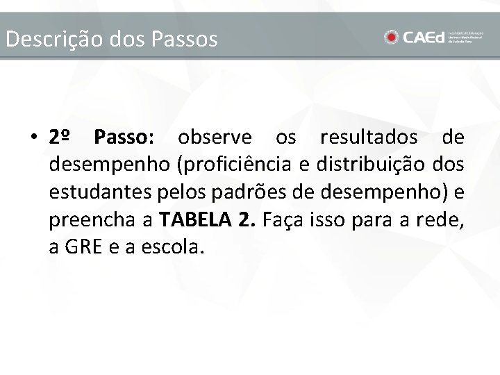 Descrição dos Passos • 2º Passo: observe os resultados de desempenho (proficiência e distribuição