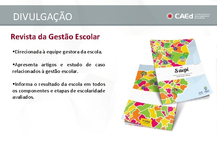 DIVULGAÇÃO Revista da Gestão Escolar §Direcionada à equipe gestora da escola. §Apresenta artigos e