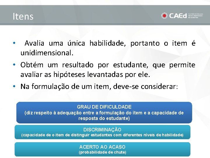 Itens • Avalia uma única habilidade, portanto o item é unidimensional. • Obtém um