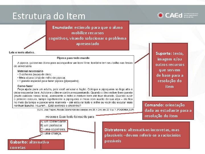 Estrutura do Item Enunciado: estímulo para que o aluno mobilize recursos cognitivos, visando solucionar