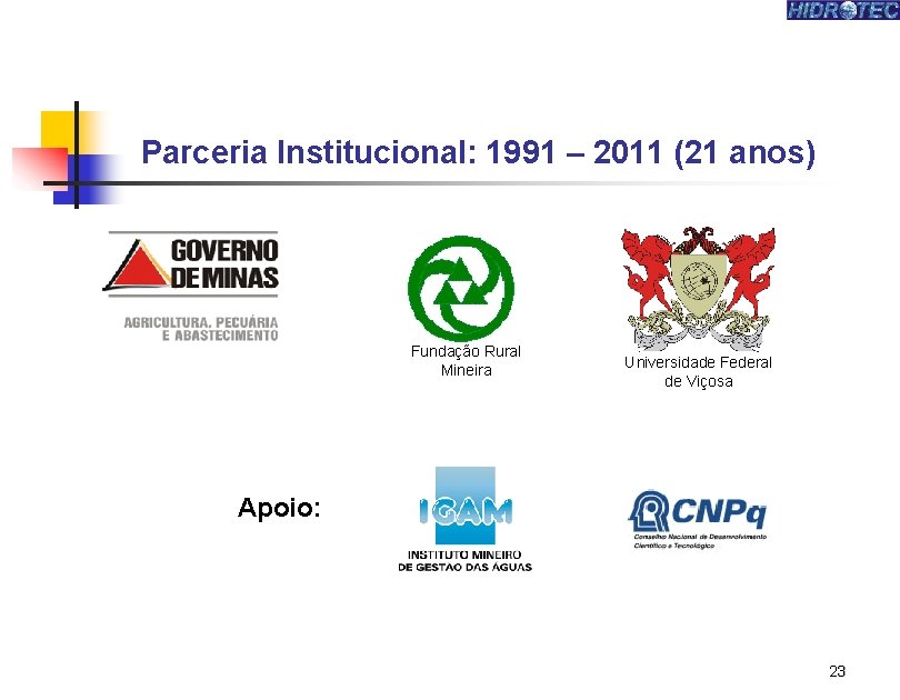 Parceria Institucional: 1991 – 2011 (21 anos) Fundação Rural Mineira Universidade Federal de Viçosa