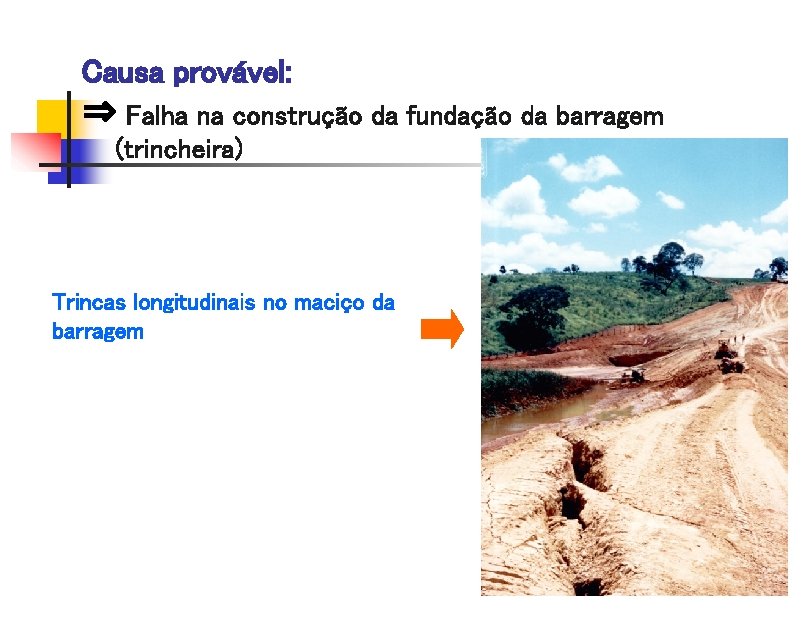 Causa provável: ⇒ Falha na construção da fundação da barragem (trincheira) Trincas longitudinais no