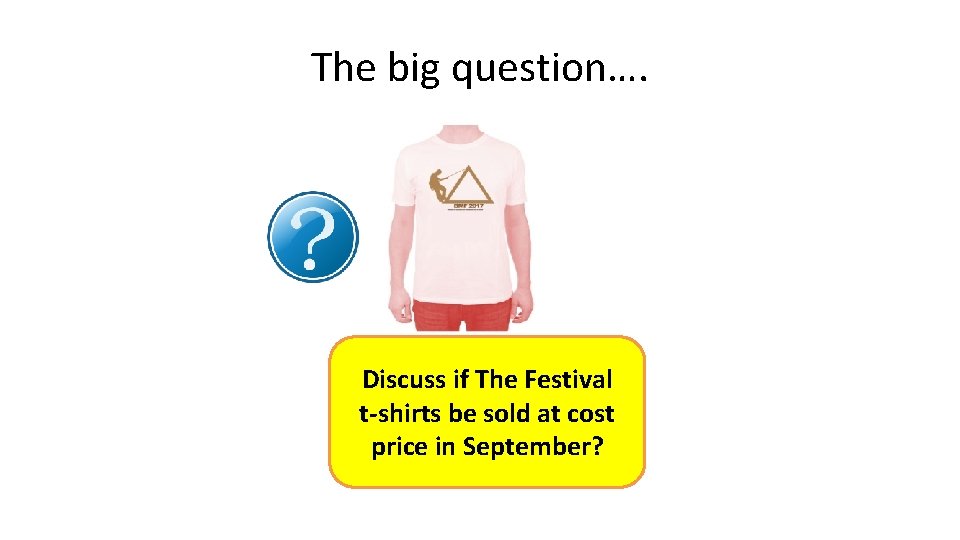 The big question…. Discuss if The Festival t-shirts be sold at cost price in The big question…. Discuss if The Festival t-shirts be sold at cost price in