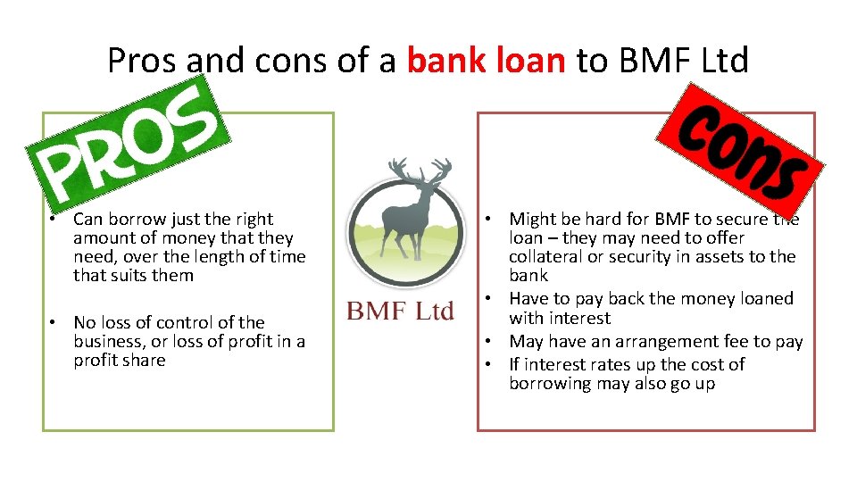 Pros and cons of a bank loan to BMF Ltd • Can borrow just Pros and cons of a bank loan to BMF Ltd • Can borrow just