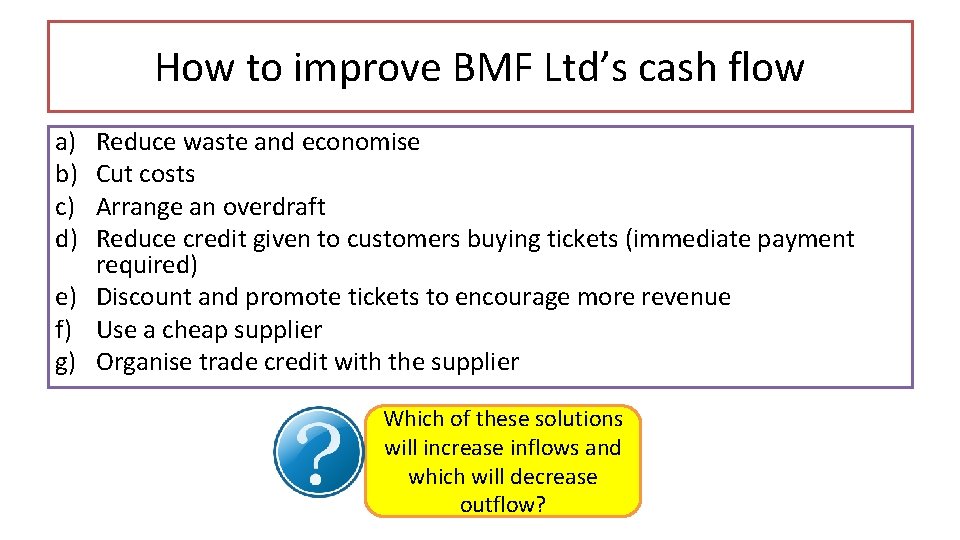 How to improve BMF Ltd’s cash flow a) b) c) d) Reduce waste and How to improve BMF Ltd’s cash flow a) b) c) d) Reduce waste and