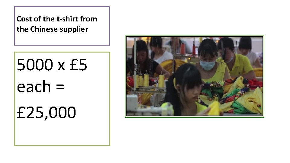 Cost of the t-shirt from the Chinese supplier 5000 x £ 5 each = Cost of the t-shirt from the Chinese supplier 5000 x £ 5 each =