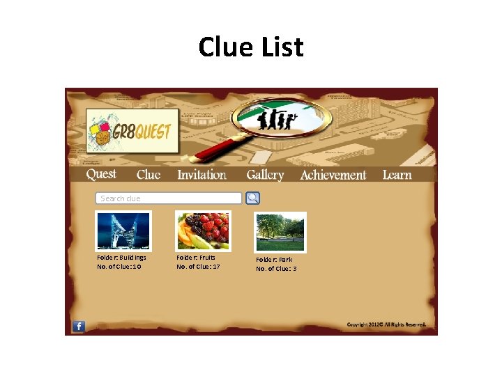 Clue List Search clue Folder: Buildings No. of Clue: 10 Folder: Fruits No. of