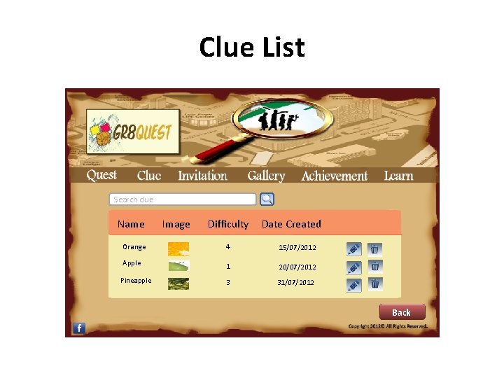 Clue List Search clue Name Image Difficulty Date Created Orange 4 15/07/2012 Apple 1