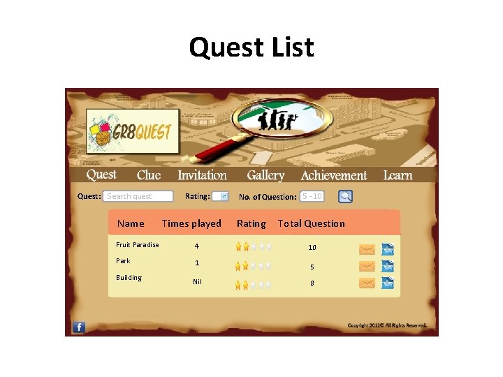 Quest List Quest: Search quest Name Rating: Times played Fruit Paradise 4 Park 1