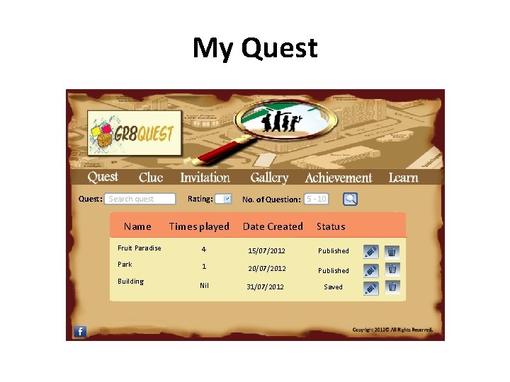 My Quest: Search quest Name Rating: Times played No. of Question: 5 - 10