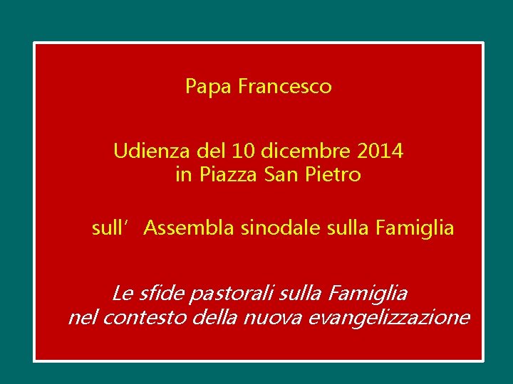 Papa Francesco Udienza del 10 dicembre 2014 in Piazza San Pietro sull’Assembla sinodale sulla