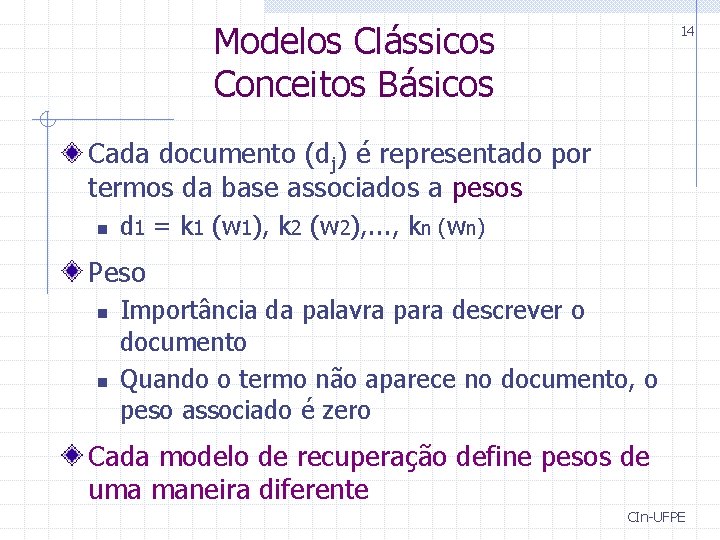 Modelos Clássicos Conceitos Básicos 14 Cada documento (dj) é representado por termos da base