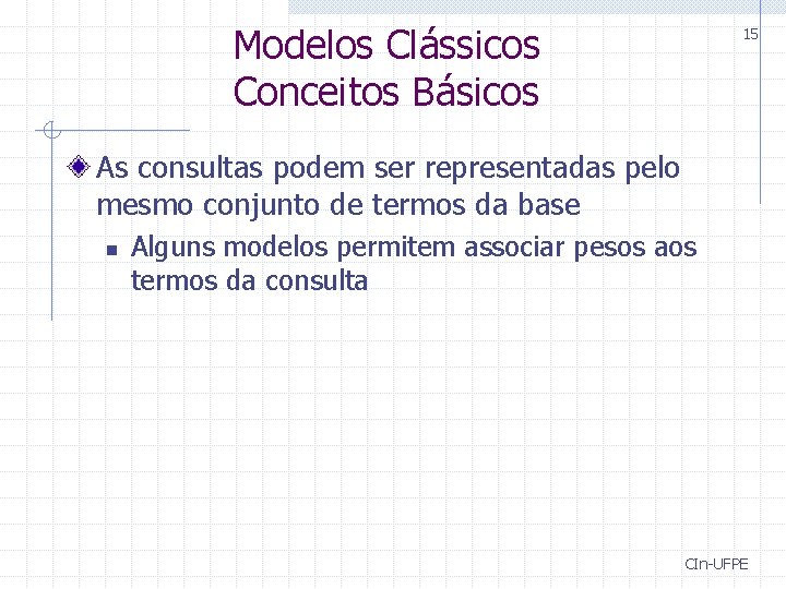 Modelos Clássicos Conceitos Básicos 15 As consultas podem ser representadas pelo mesmo conjunto de