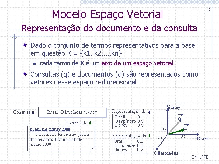 22 Modelo Espaço Vetorial Representação do documento e da consulta Dado o conjunto de