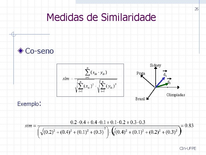 26 Medidas de Similaridade Co-seno Sidney Prata d 1 d 2 Exemplo: Brasil Olimpíadas