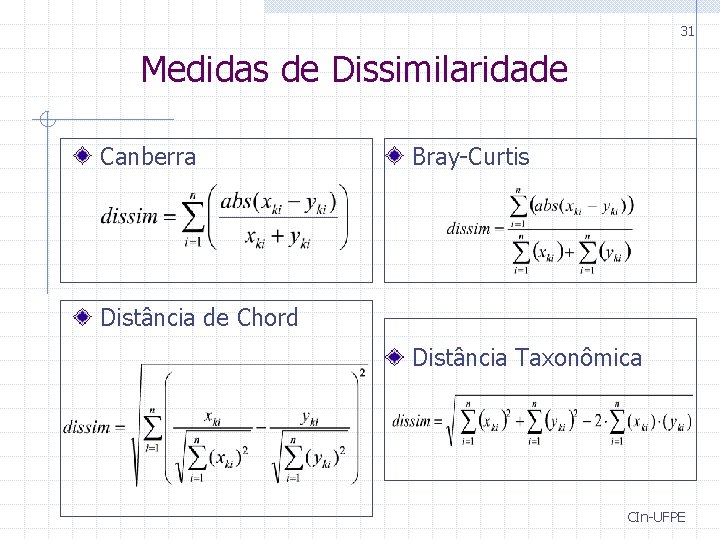 31 Medidas de Dissimilaridade Canberra Bray-Curtis Distância de Chord Distância Taxonômica CIn-UFPE 