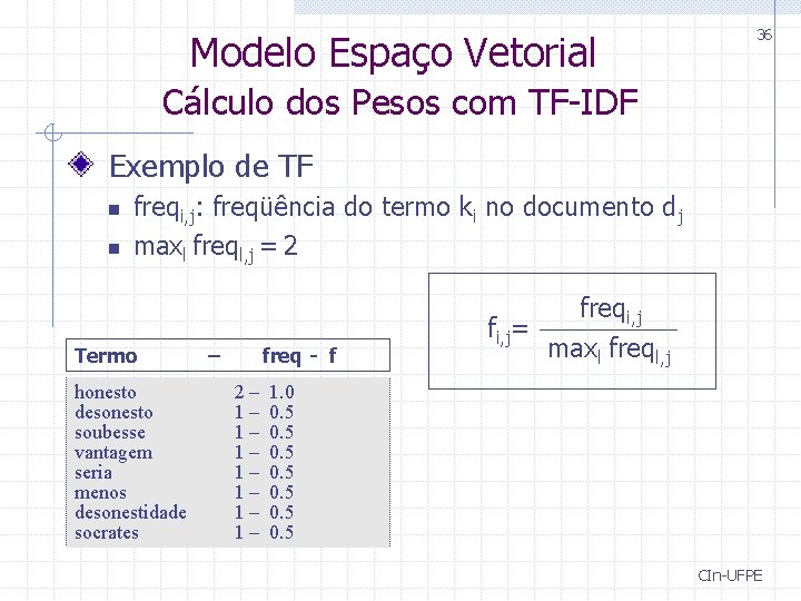 Modelo Espaço Vetorial 36 Cálculo dos Pesos com TF-IDF Exemplo de TF n n