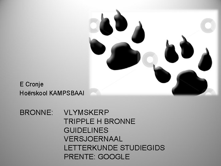 E Cronje Hoërskool KAMPSBAAI BRONNE: VLYMSKERP TRIPPLE H BRONNE GUIDELINES VERSJOERNAAL LETTERKUNDE STUDIEGIDS PRENTE: