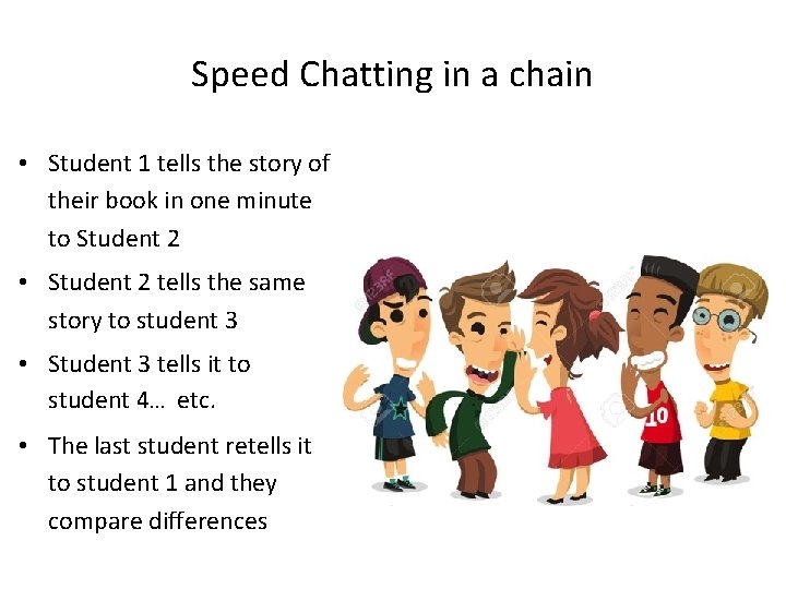 Speed Chatting in a chain • Student 1 tells the story of their book