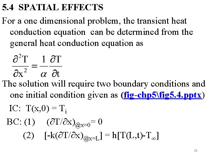5. 4 SPATIAL EFFECTS For a one dimensional problem, the transient heat conduction equation