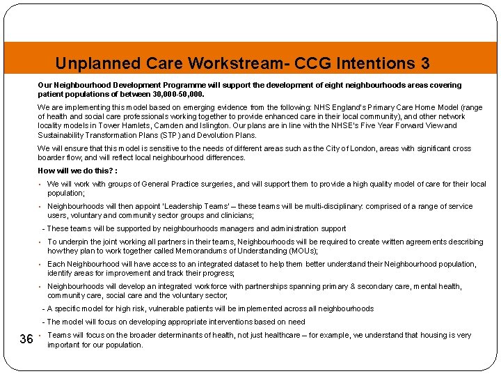 Unplanned Care Workstream- CCG Intentions 3 Our Neighbourhood Development Programme will support the development