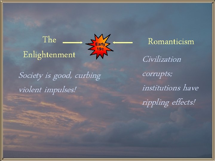 The Enlightenment Early 19 c Society is good, curbing violent impulses! Romanticism Civilization corrupts;