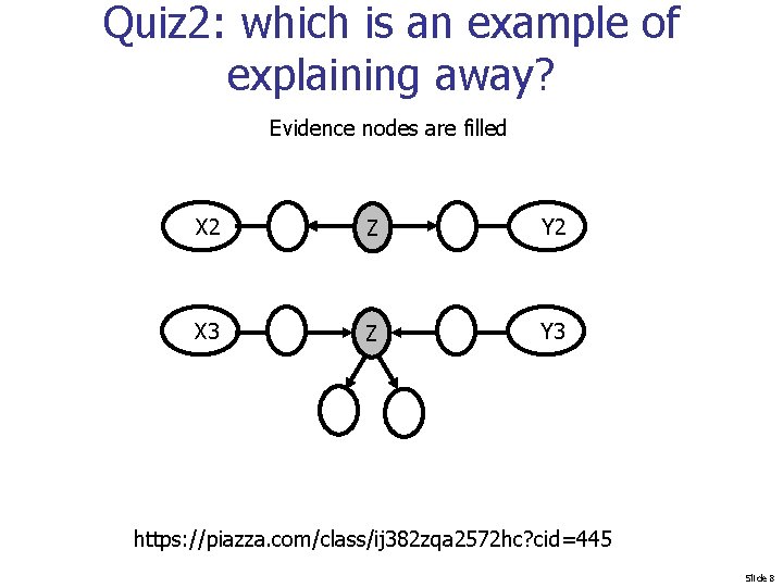 Quiz 2: which is an example of explaining away? Evidence nodes are filled X
